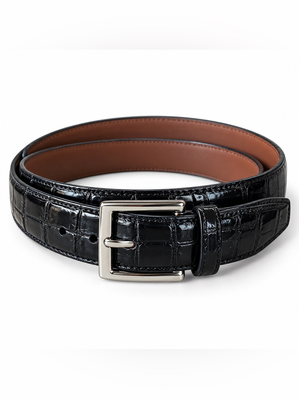 Johnston & Murphy Men's Black Croc-Embossed Leather Belt Size 38 Silver Buckle
